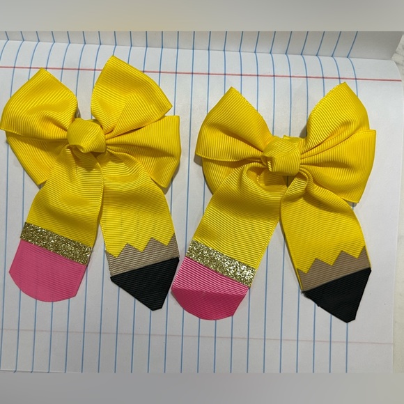 Yellow and Pink Pencil Hair Bows - Picture 2 of 8